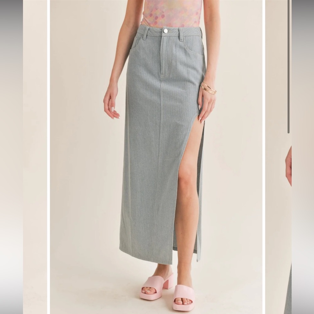 NWT Sage the Label Locals Only Pinstripe Maxi Denim Skirt Side Slit Size Small